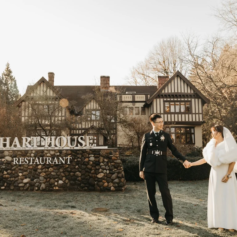 Bride and groom outside a garden venue