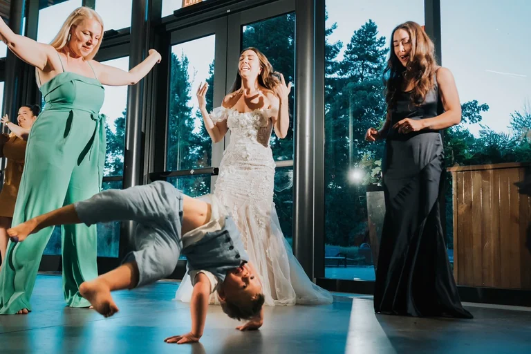 Bride celebrating with friends during wedding preparations