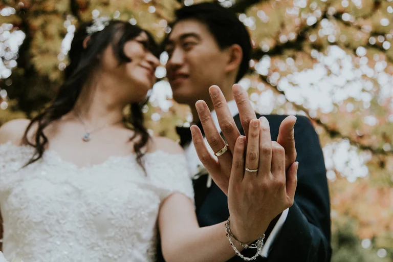 Bride showing her engagement ring to the groom