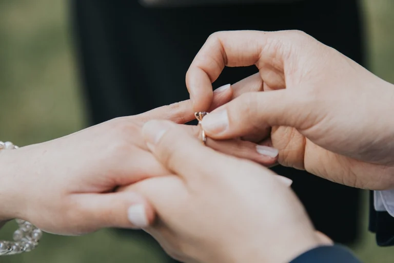 Close-up of a couple exchanging rings
