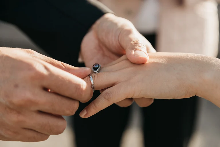 Close-up of a wedding ring exchange