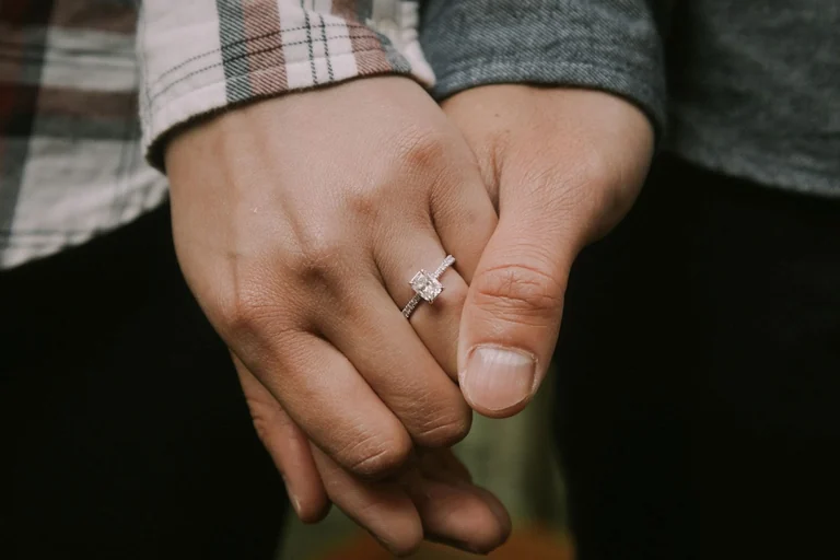 Close-up of an engagement ring on joined hands