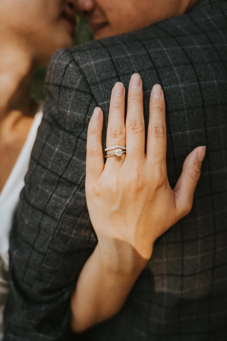 Engagement ring displayed on the bride's hand
