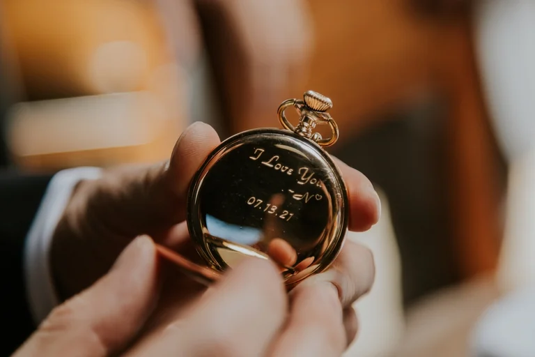 Engraved pocket watch presented as a wedding gift