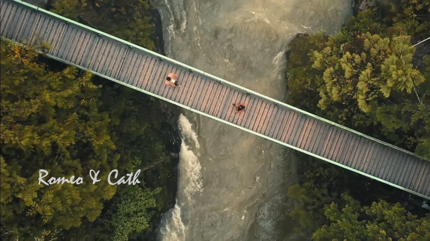Wedding film cover with an aerial view of a footbridge