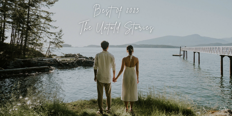 Wedding portrait cover with a couple beside the water
