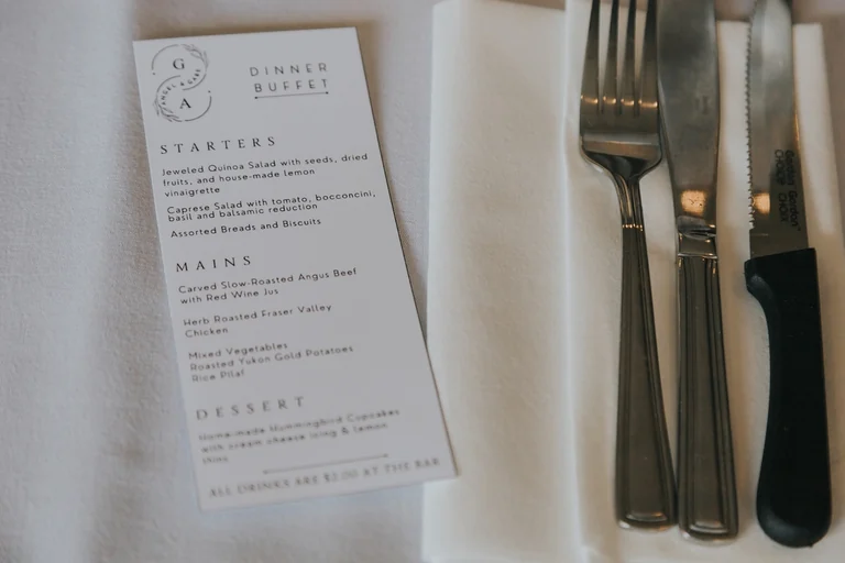 Wedding reception menu and place setting