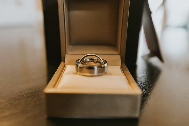 Wedding rings displayed in an open box
