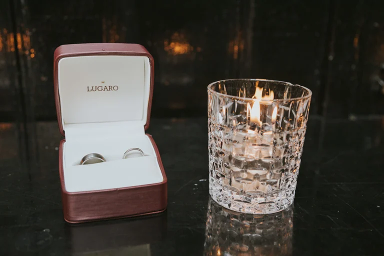 Wedding rings in an open presentation box